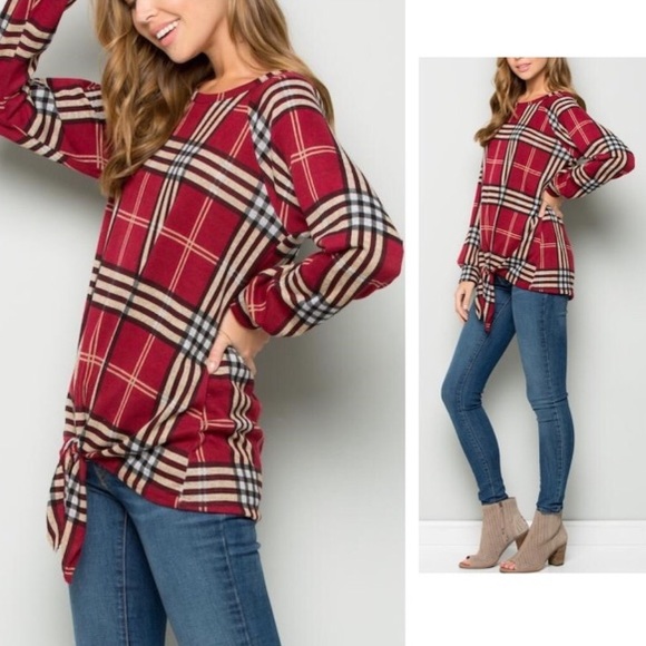 Tops - Rich Red Plaid, Tie Front Top